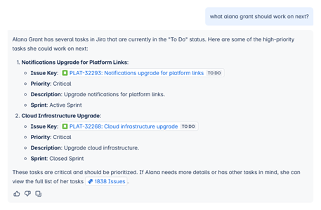 Atlassian AI response showing high-priority Jira tasks for Alana Grant, including priority, description, and sprint status