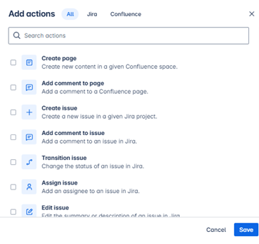 Action menu in Atlassian AI with options to create and manage content in Confluence and Jira, including creating pages, adding comments, and managing issues