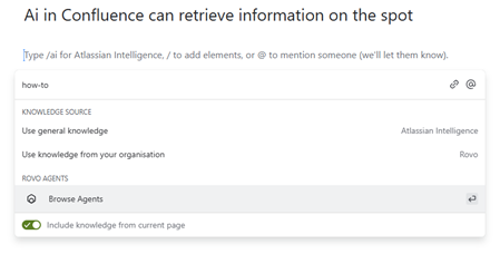 Atlassian Intelligence settings with Confluence integration to search the connected knowledge base for answers